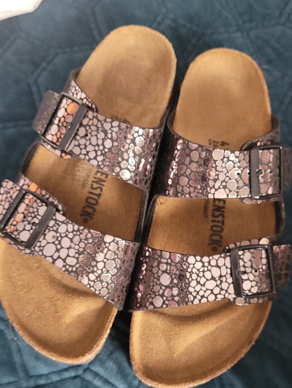 Birkenstock Arizona Metallic Silver Patterned Two-Strap Sandals